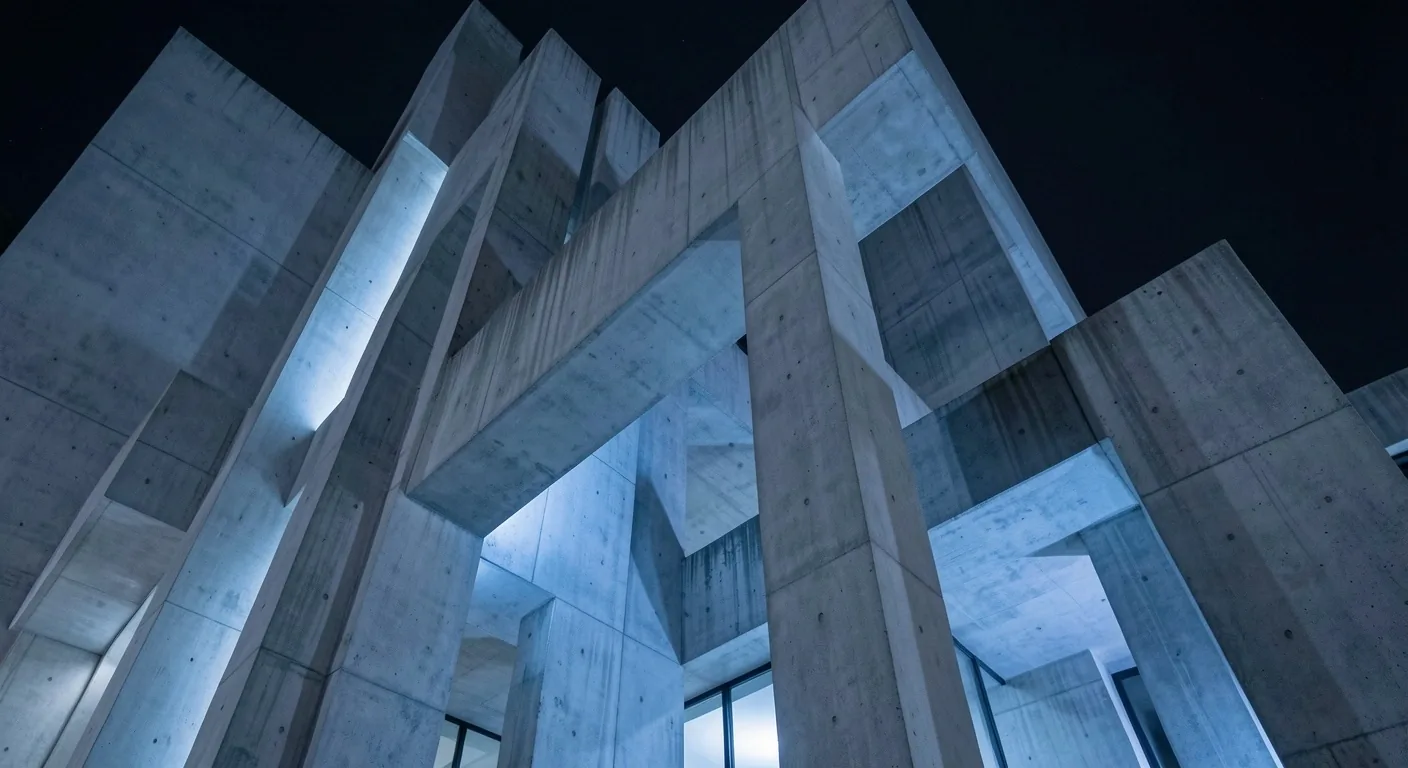 Detalle estructural de arquitectura brutalista española de noche