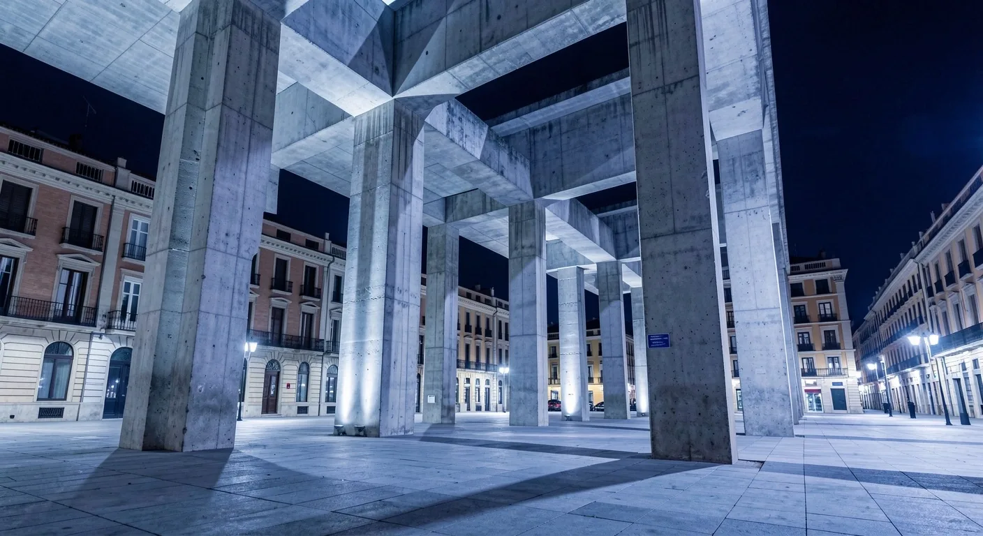 Arquitectura nocturna de hormigón en Madrid