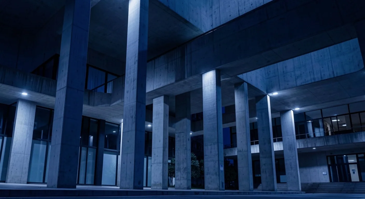 Arquitectura institucional nocturna con iluminación fría