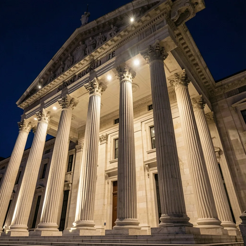 Fachada institucional con columnas de piedra iluminada por la noche