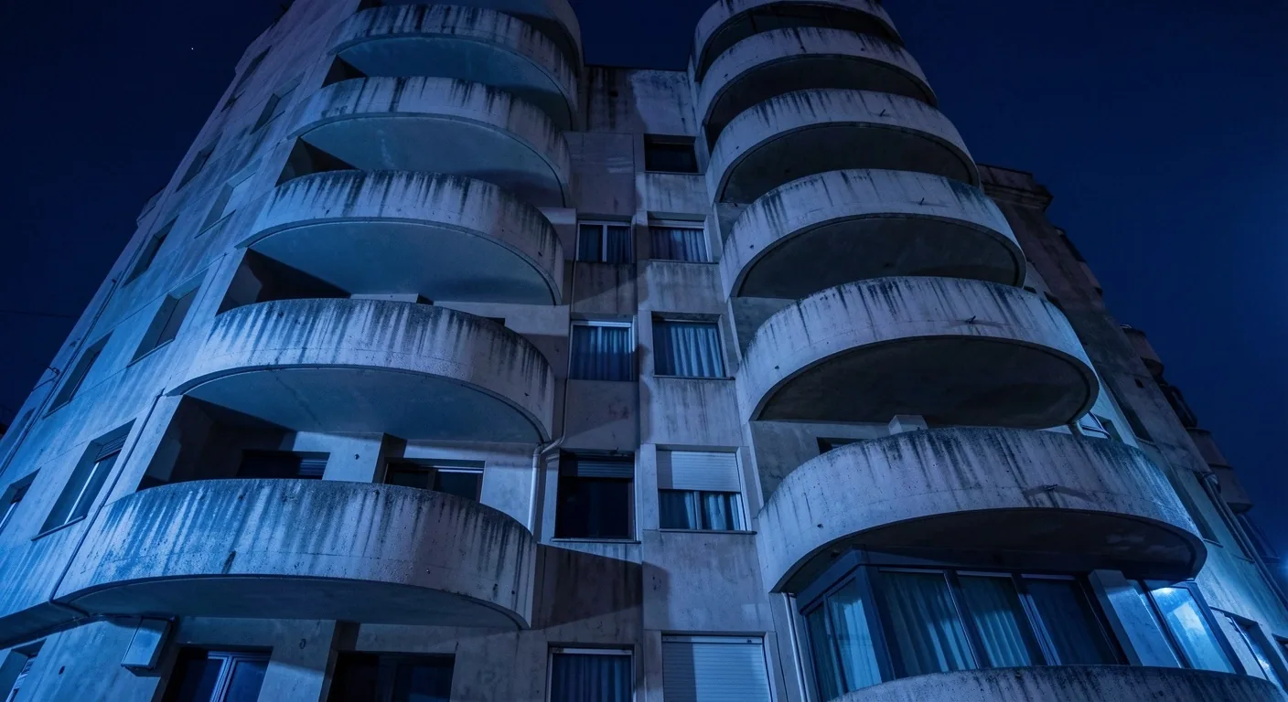 Arquitectura brutalista española nocturna: estructuras de hormigón bajo luz fría