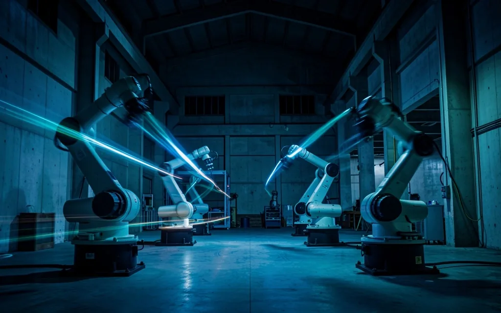Brazos robóticos automatizados en un entorno industrial nocturno