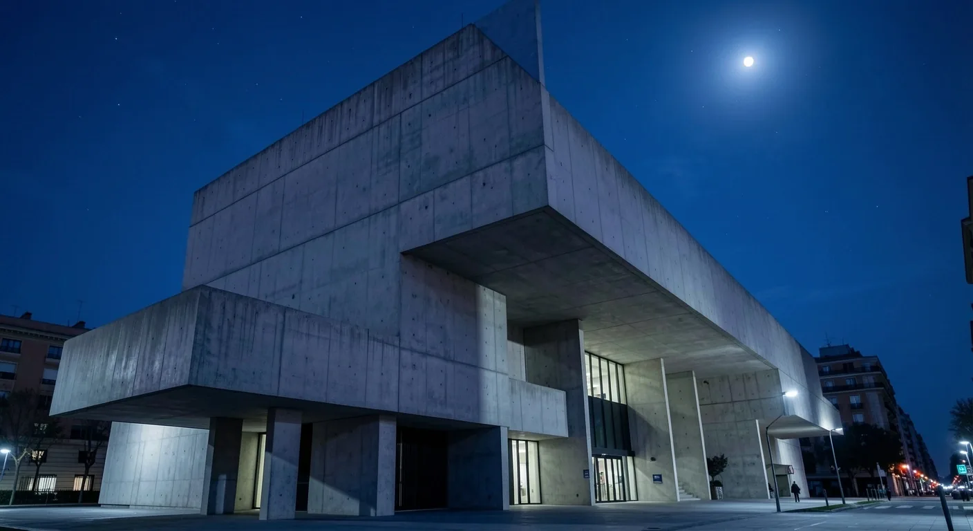 Fachada de hormigón brutalista bajo luz nocturna