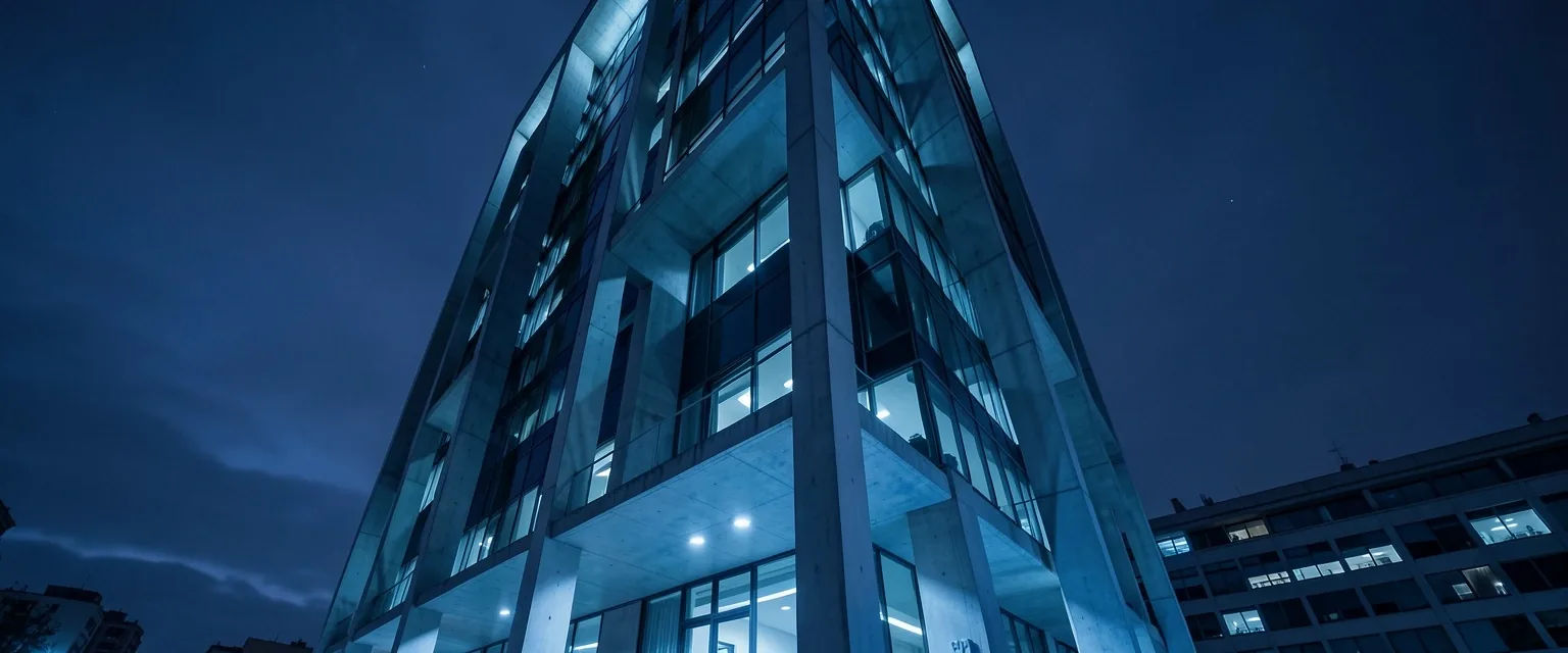Torre de oficinas de noche con luz fría azulada